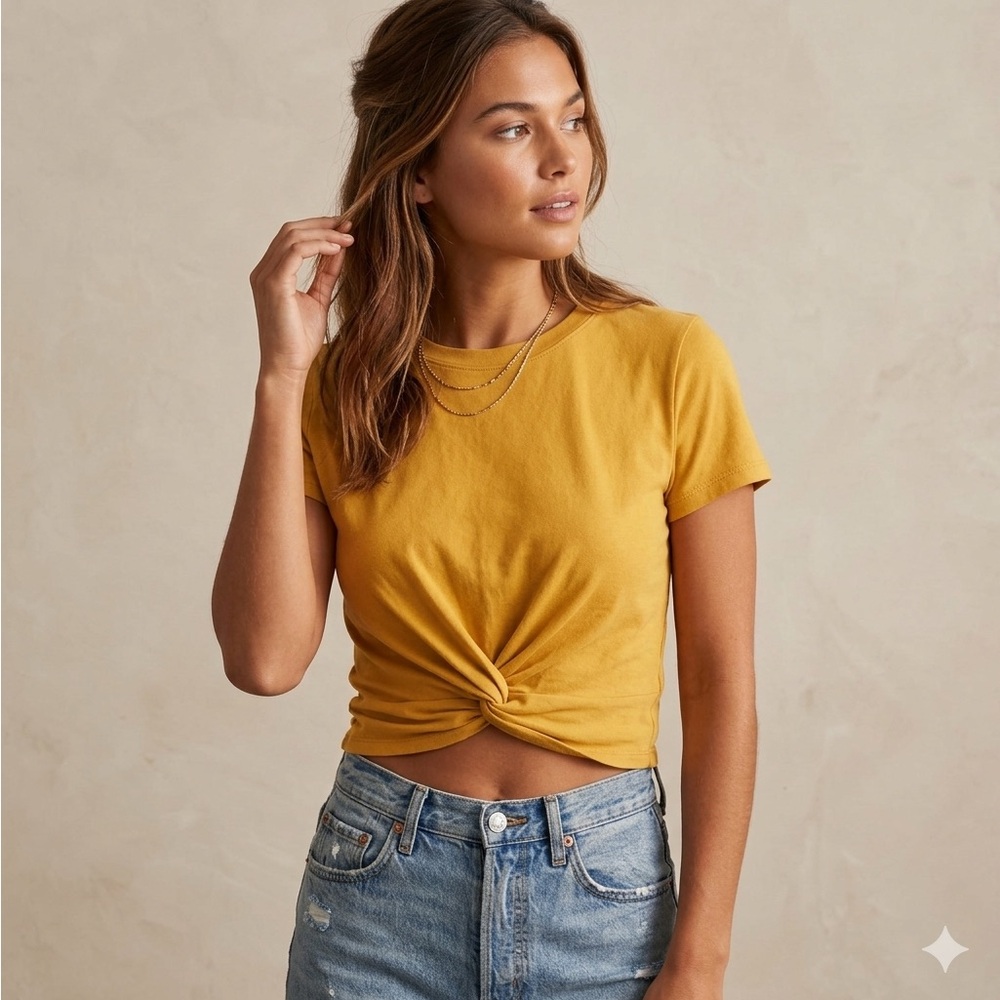 Yellow Cropped Twist Knot Front Cotton Top S Short Sleeve